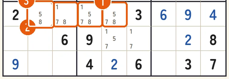 下の段の盤面。真ん中のブロックで8の候補が7行目に並び、同じ行の左側から8を消せる