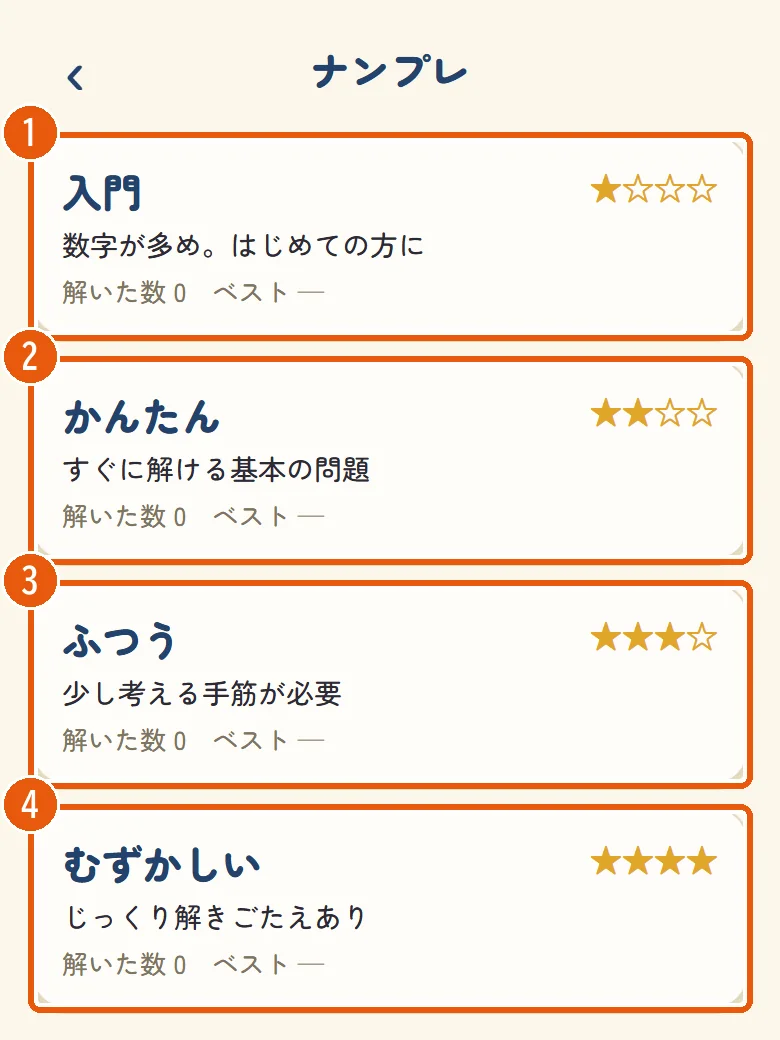 ナンプレの難しさを選ぶ画面。入門・かんたん・ふつう・むずかしい